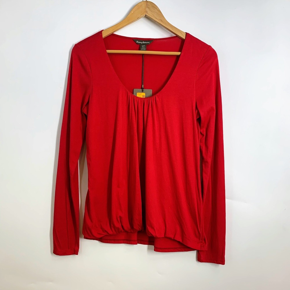 Tommy Bahama Red Gathered Neck Long Sleeve Casual Top Women Size S NWT